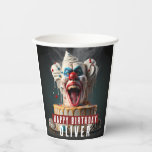 Scary clown themed Birthday Paper Cups<br><div class="desc">Birthday paper cups featuring a Scary clown themed birthday cake with "Happy Birthday",  all-caps bold font. Personalize it by adding your name(s).</div>