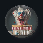 Scary clown themed Birthday Paper Plates<br><div class="desc">A scary birthday paper plate featuring a scary clown themed birthday cake with "Happy Birthday",  all-caps bold font. Personalize it by adding your name(s).</div>