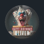 Scary clown themed Birthday Paper Plates<br><div class="desc">A scary birthday paper plate featuring a scary clown themed birthday cake with "Happy Birthday",  all-caps bold font. Personalize it by adding your name(s).</div>
