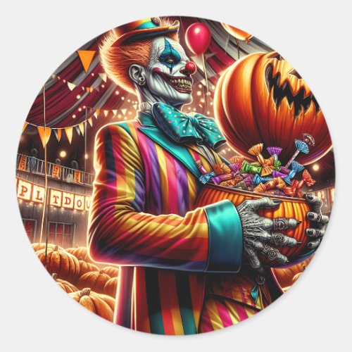 Scary Clown with Jack O Lantern Halloween Classic Round Sticker