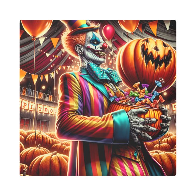 Scary Clown with Jack O' Lantern Halloween Metal Print (Front)