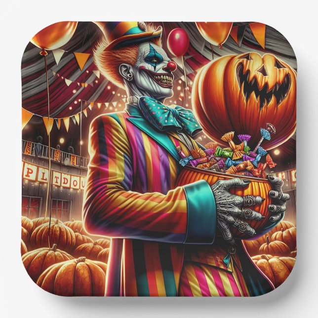 Scary Clown with Jack O' Lantern Halloween Paper Plates (Front)