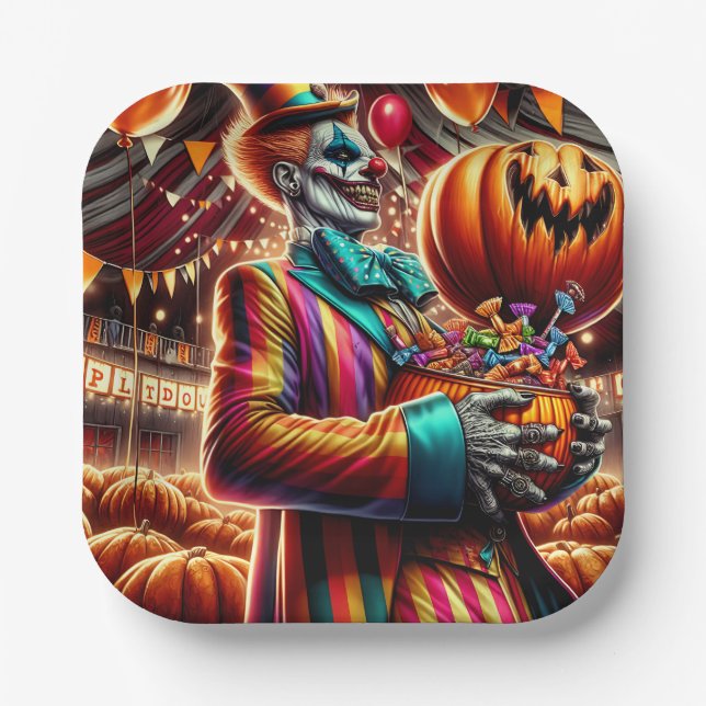Scary Clown with Jack O' Lantern Halloween Paper Plates (Front)