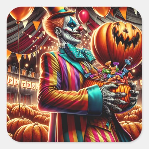 Scary Clown with Jack O Lantern Halloween Square Sticker