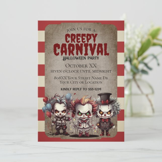 Scary Clowns Halloween Carnival Party Invitation (Standing Front)