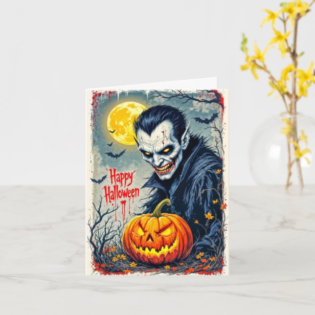 Scary Creepy Vintage Vampire Happy Halloween Card (Yellow Flower)