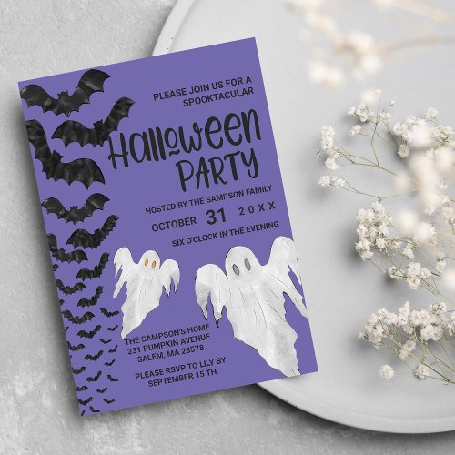 Scary Cute Black Purple Bats Ghosts Halloween  Invitation Postcard