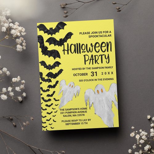 Scary Cute Black Yellow Bats Ghosts Halloween Invitation