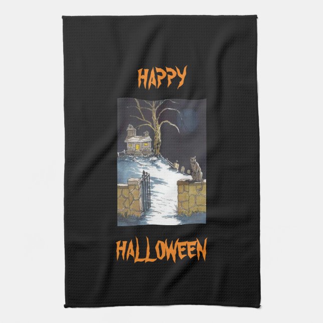 Scary Cute Halloween Haunted House Cat Towel (Vertical)