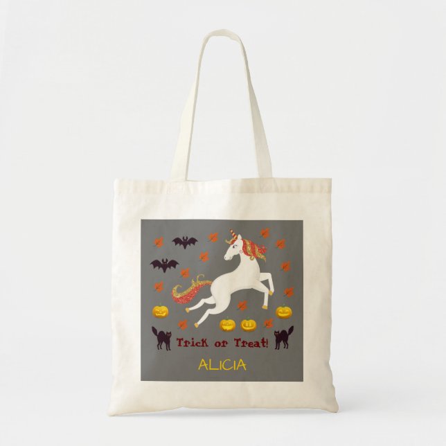 Scary Cute Halloween Unicorn Pumpkins Bats Gray Tote Bag (Front)