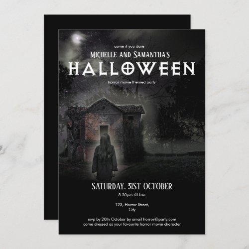 Scary Dark Modern Haunted House Long Hair Woman Invitation