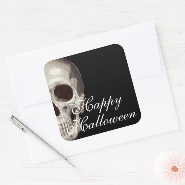 Scary Dead Skull Happy Halloween Square Sticker (Envelope)