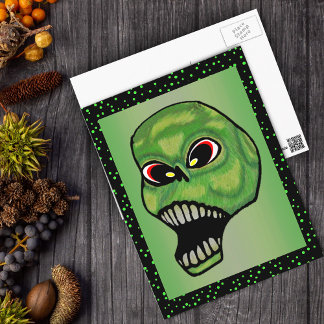 Scary Evil Screaming Green Skull Postcard