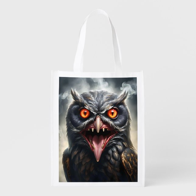 Scary Fanged Vampire Owl, Grocery Bag (Front)