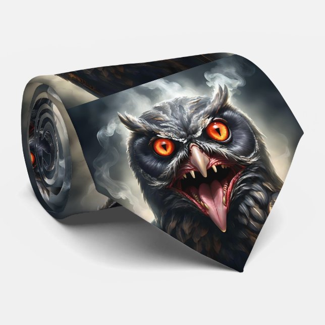 Scary Fanged Vampire Owl, Neck Tie (Rolled)