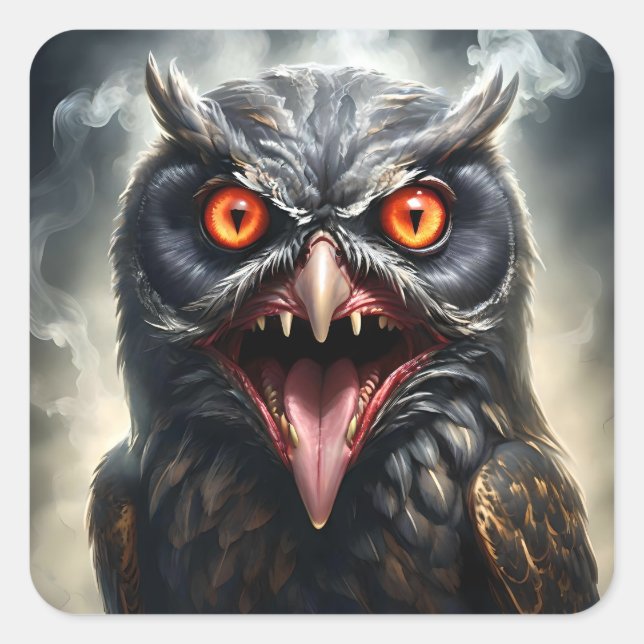 Scary Fanged Vampire Owl, Square Sticker (Front)