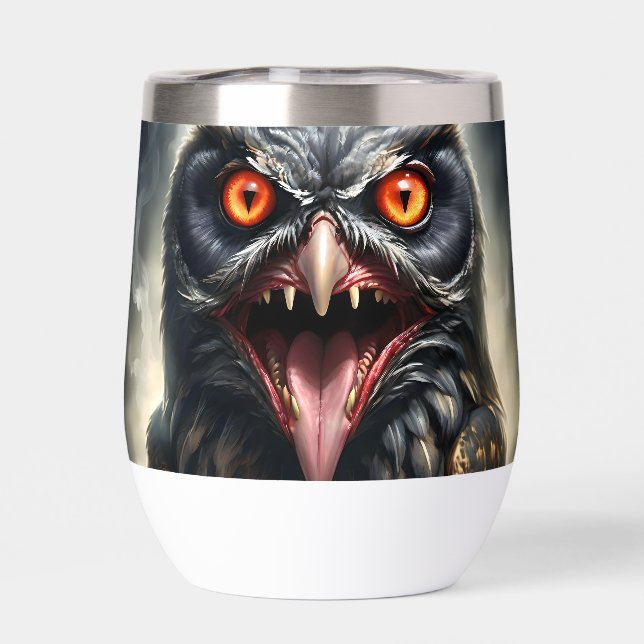 Scary Fanged Vampire Owl, Thermal Wine Tumbler (Back)
