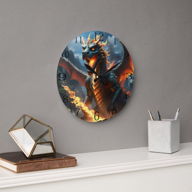 Scary Fire Breathing Dragon, Large Clock (Office)