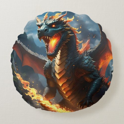 Scary Fire Breathing Dragon  Round Pillow