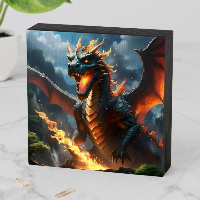Scary Fire Breathing Dragon,  Wooden Box Sign (In Situ Horizontal)
