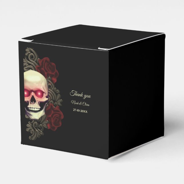 Scary floral dark moody gothic skull hallowedding favor boxes (Front Side)