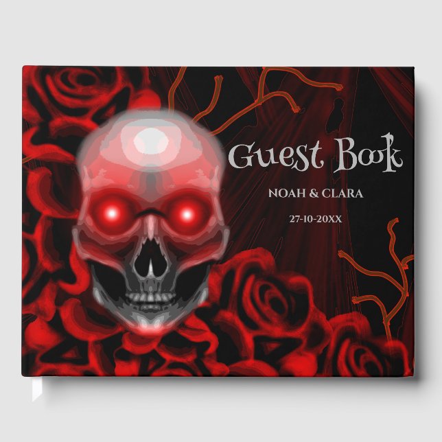 Scary floral dark moody gothic skull halloween guest book (Front)
