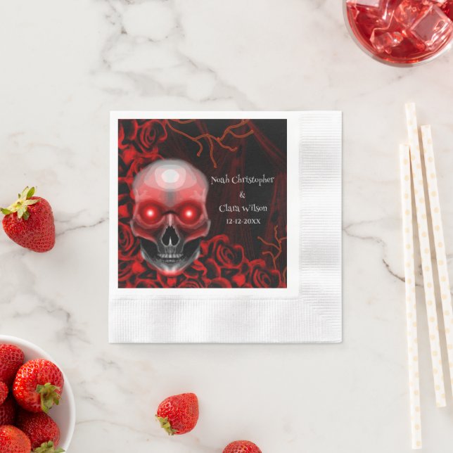 Scary floral dark moody gothic skull halloween napkins (Insitu)