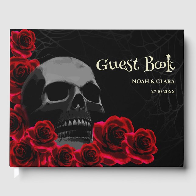 Scary floral Gothic Skull and Red Roses Halloween Guest Book (Front)