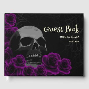 Scary floral Gothic Skull Purple Roses Halloween Guest Book
