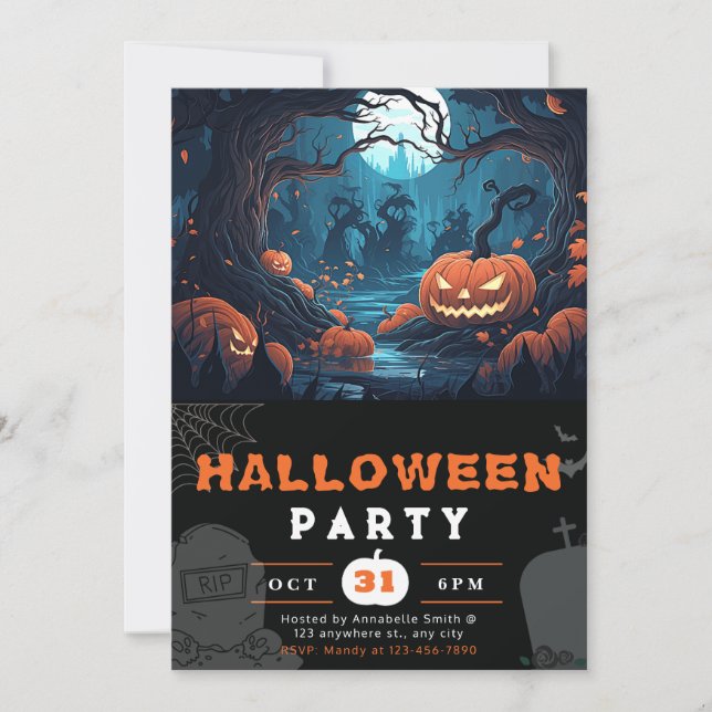 Scary Forest and Jack-O' Lanterns Black Halloween Invitation (Front)