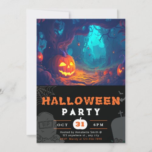 Scary Forest and Jack_O Lanterns Black Halloween Invitation