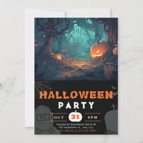 Scary Forest and Jack_O Lanterns Black Halloween Invitation