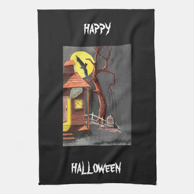 Scary Fun Halloween Bat Haunted House Kitchen Towel (Vertical)
