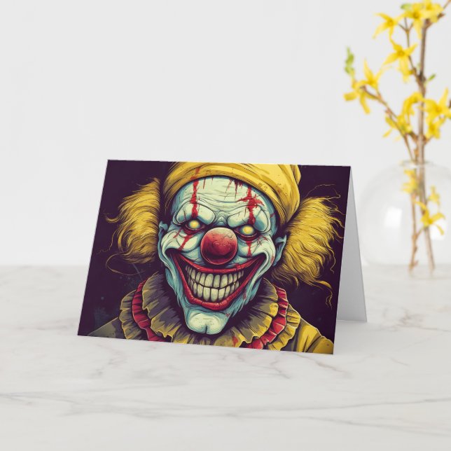 Scary Funhouse Carnival Clown Happy Halloween Card (Yellow Flower)