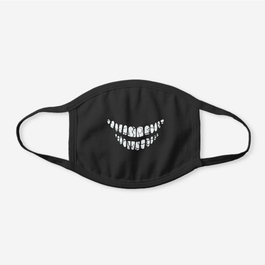 Scary funny smiling white skeleton teeth black cotton face mask (Front)