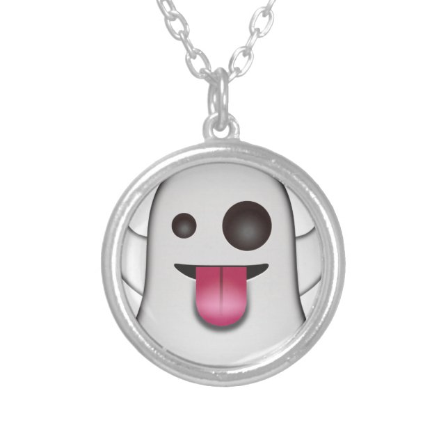 Scary Ghost Emoji Cool Fun Silver Plated Necklace (Front)