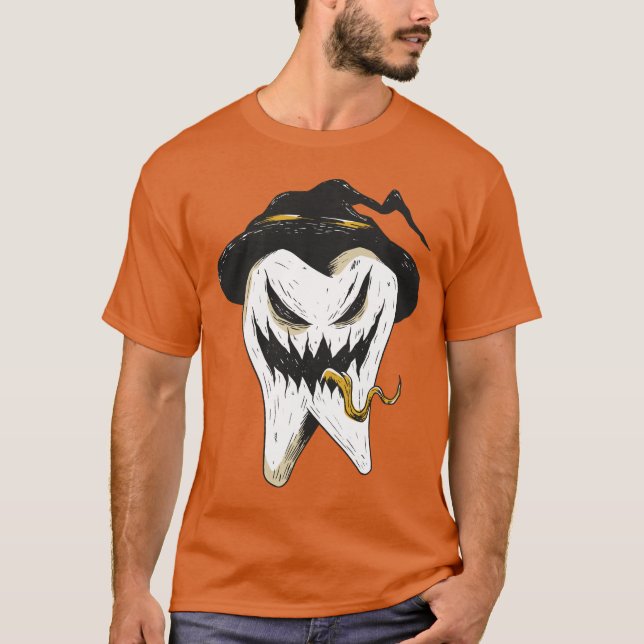 Scary Ghoulish Tooth in Witch Hat Halloween T-Shirt (Front)