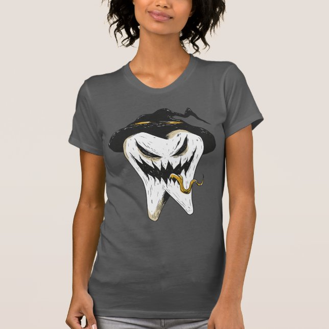 Scary Ghoulish Tooth in Witch Hat Halloween T-Shirt (Front)