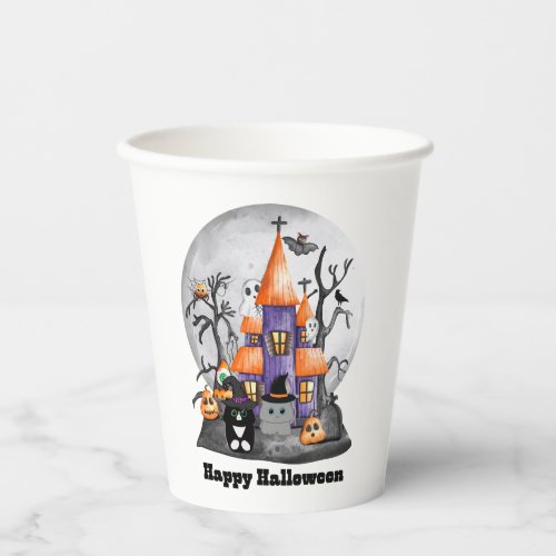 Scary Globe With Haunted House and Cute Cats Paper Cups