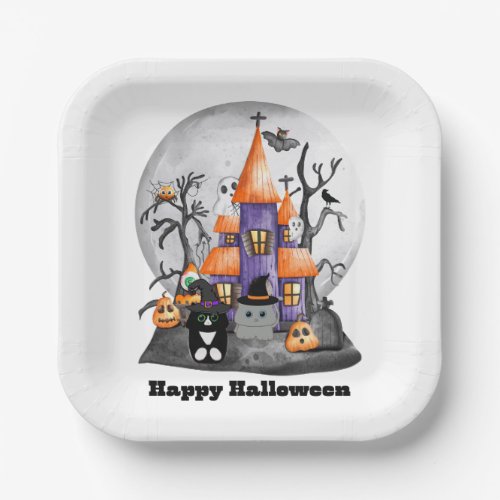Scary Globe With Haunted House and Cute Cats Paper Plates