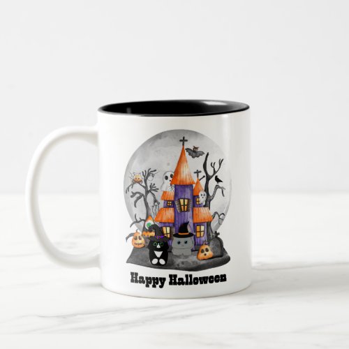 Scary Globe With Haunted House and Cute Cats Two_Tone Coffee Mug