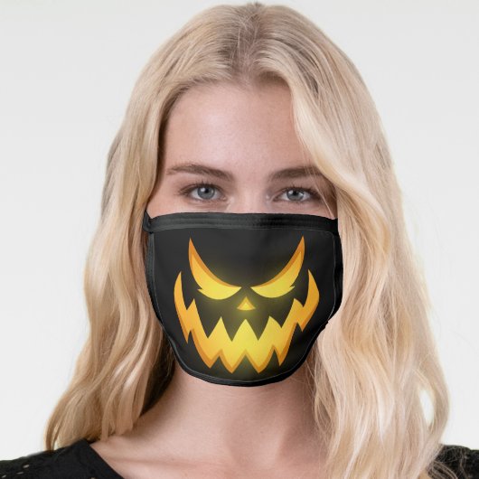 Scary Glowing Face of Grinning Halloween Pumpkin Face Mask (Worn Her)