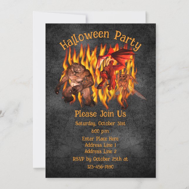 Scary Goblin Creatures Fiery Flames Halloween Invitation (Front)
