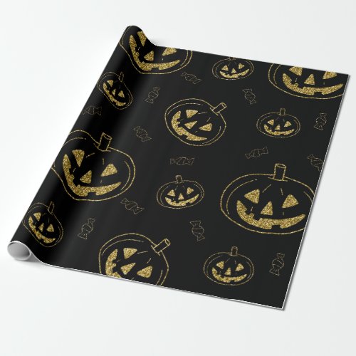 Scary Gold Black Pumpkin Celestial Halloween Gift Wrapping Paper