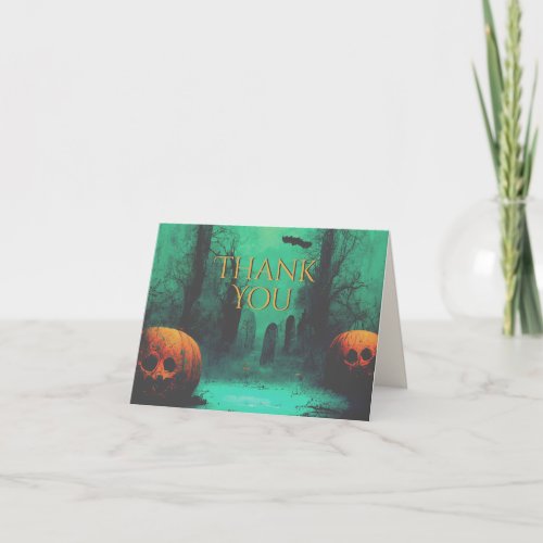 Scary Graveyard and Carved Pumpkins Halloween  Thank You Card