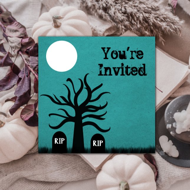 Scary Graveyard Halloween Invite, Teal Invitation (Scary Graveyard Halloween Invite - Teal)