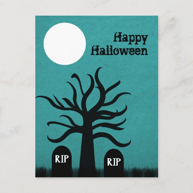 Scary Graveyard Halloween Postcard, Teal Postcard (Front)