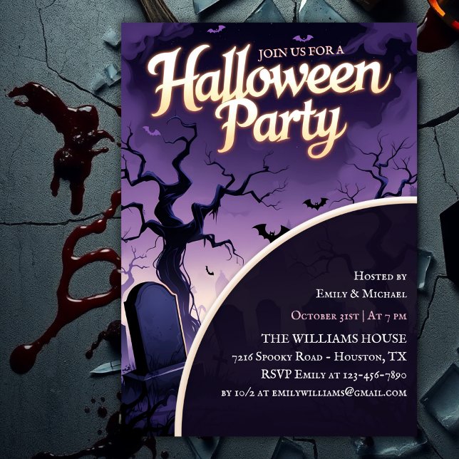Scary Graveyard Spooky Halloween Party Invitation (Scary Graveyard Spooky Halloween Party Invitation with Purple Night Sky)