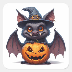 Scary Halloween Bat With Pumpkin Witch Hat 🎃 Square Sticker