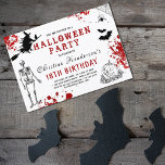 Scary Halloween Birthday Invitation<br><div class="desc">Halloween birthday invitation featuring blood splatters,  a skeleton,  pumpkin,  bats,  spider and web,  and a witch/cat on a broom stick all set on a classic white background with an easy to personalize invitation template.</div>